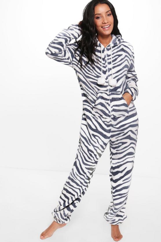 Leah Super soft Pom Pom Trim Zebra Print Onesie